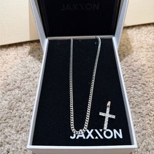JAXXON Silver Cuban Chain Necklace with Diamond Cross Pendant